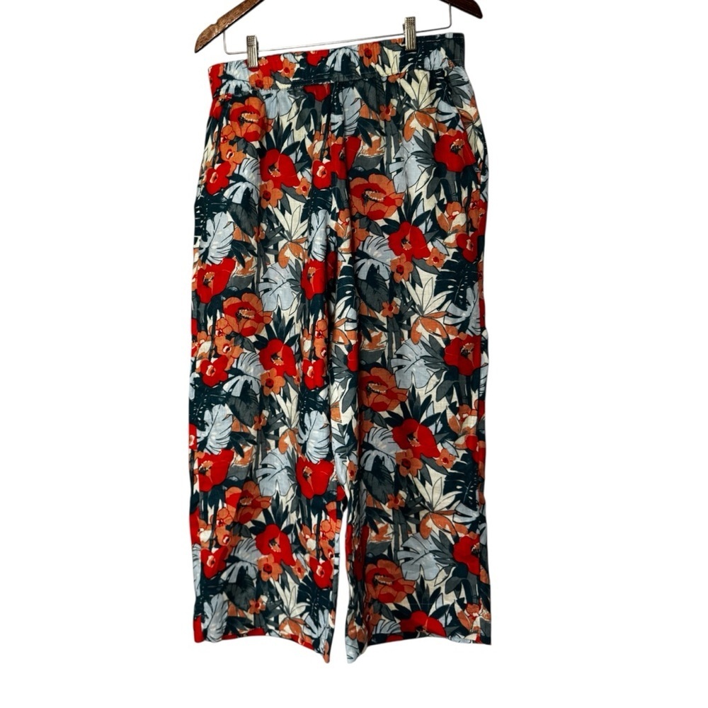 C&C California Multicolor Floral 100% Linen Flowy Pants Sz Large Blue Red Cream